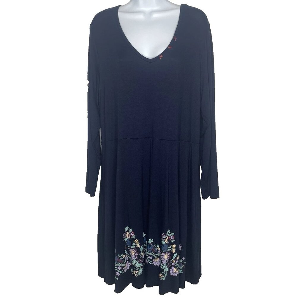 Joe Browns Tunic Dress Size 16 Navy Blue Floral Jersey Long Sleeve Bohemian